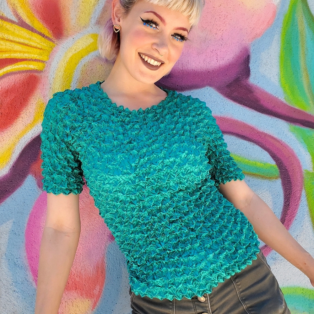 Teal Green/Blue Y2k Bubble Popcorn Shirt